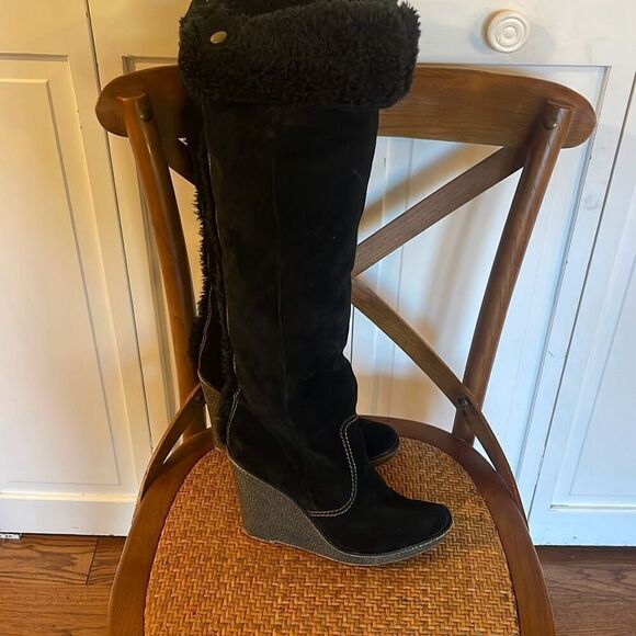 Steve Madden Carleyy black suede 3” wedge faux fur tall boot 8 - Picture 3 of 9